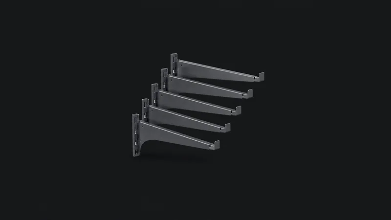 Abstract a repeating pattern of gondola shelf brackets motif centred on a seamless deep charcoal near-black studio background, generous empty margin for overlaid branding