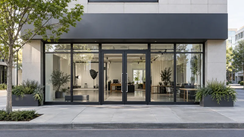 Street view of a a modern professional office building entrance with glass doors and clean signage, its window displaying undefined with a glimpse of the open-plan office with desks and natural light inside, soft daylight, signage space above for overlaid text