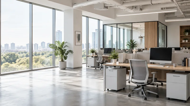 Wide interior view of a open-plan office with desks and natural light with no people, bright daylight through the windows, clean uncluttered foreground for text