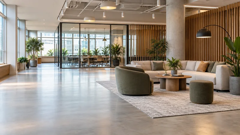 Wide interior view of a modern coworking space with breakout seating with no people, soft even indoor light, clean uncluttered foreground for text