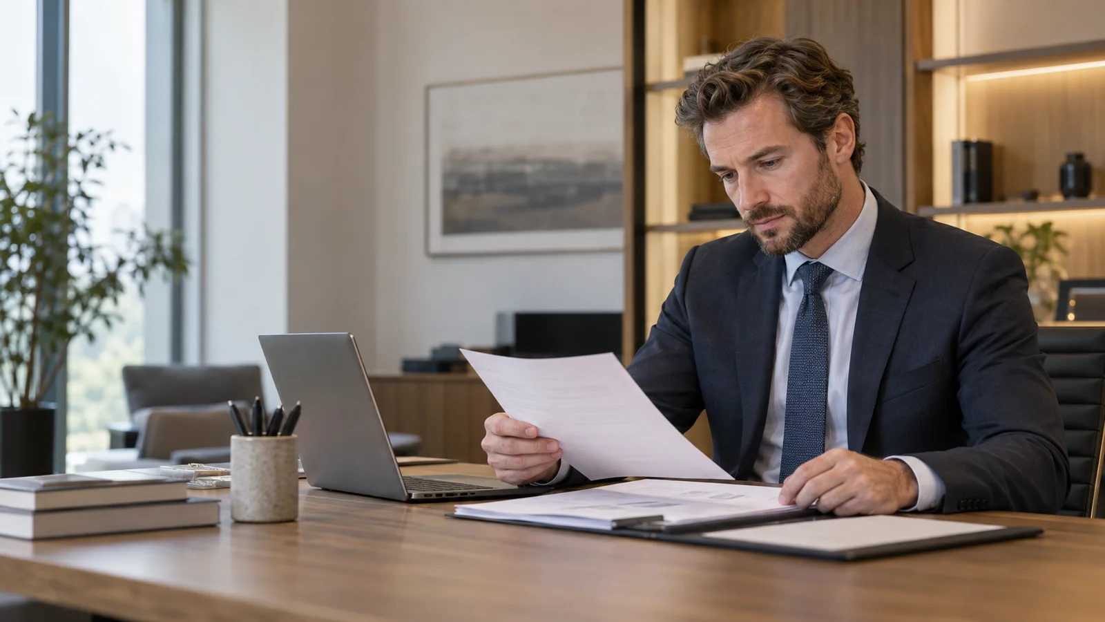 A business professional in a tailored suit reviewing documents at a desk, warm interior light