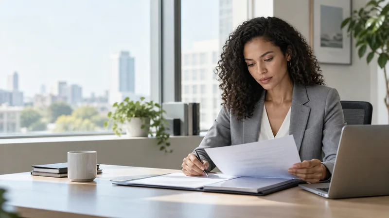 A business professional in a tailored suit reviewing documents at a desk, bright daylight through the windows