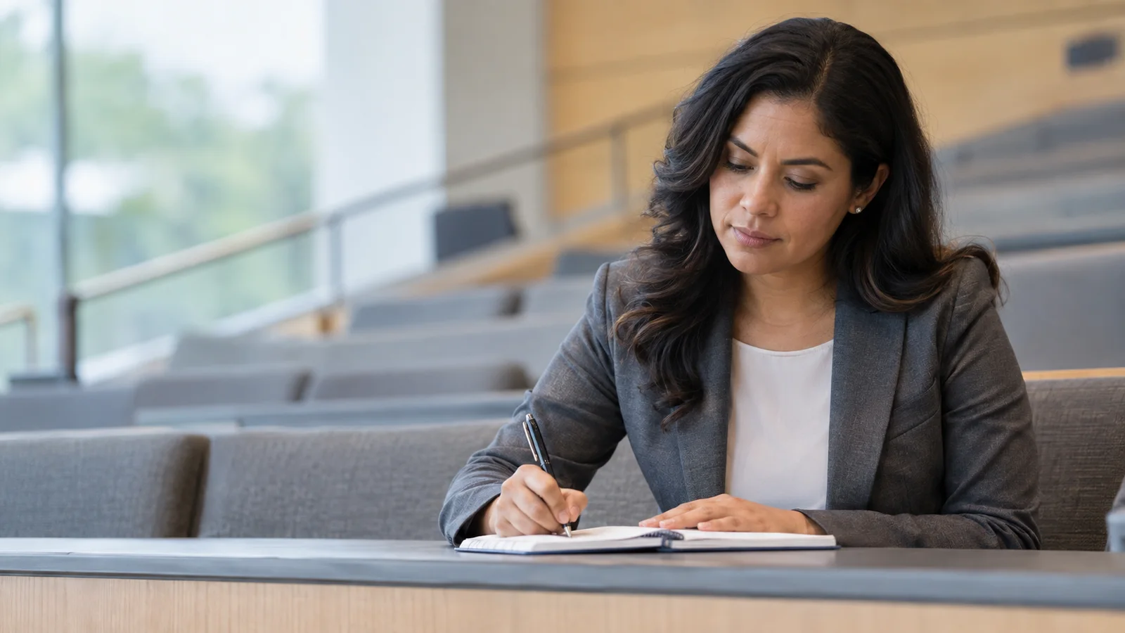 A business professional in a tailored suit taking notes in a lecture hall, soft even indoor light