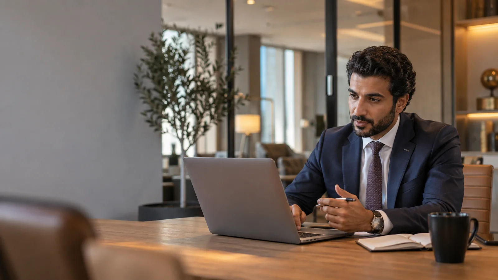 A business professional in a tailored suit collaborating around a laptop, warm interior light