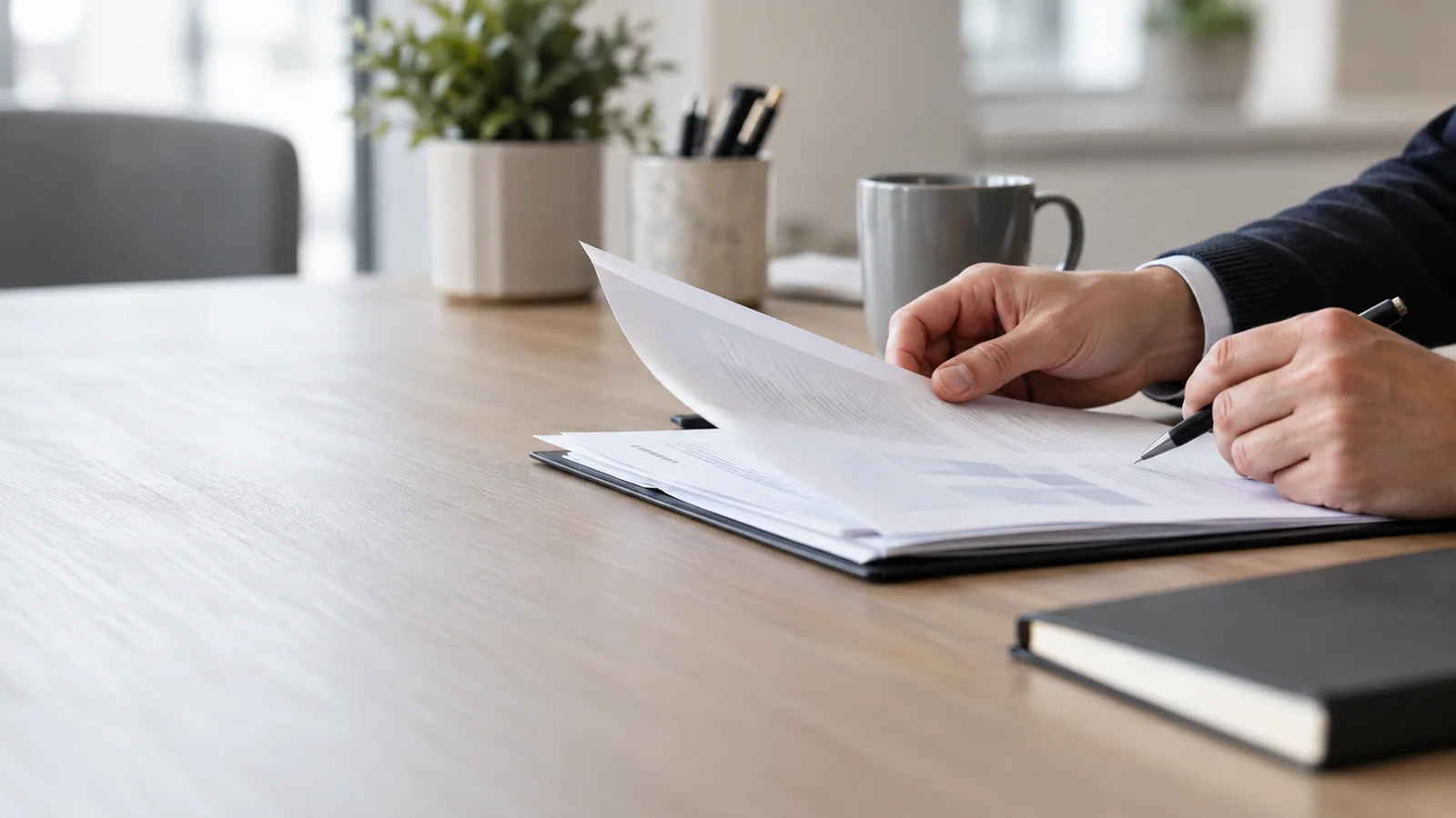 Close-up of hands reviewing documents at a desk, soft even indoor light, only naturally framed hands, no faces