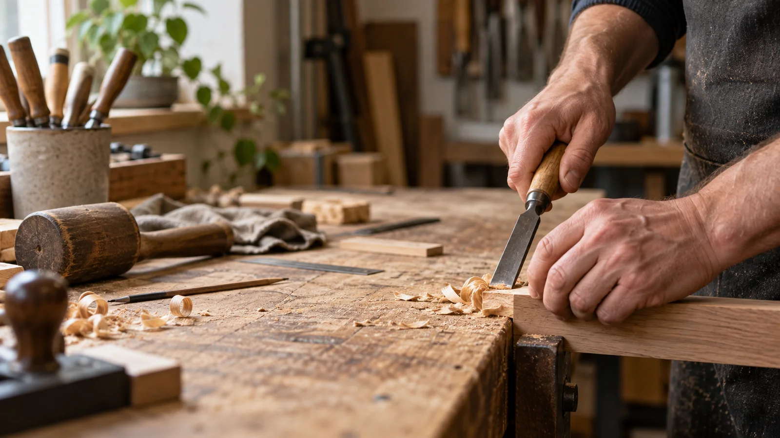 Close-up of hands using hand tools at a workbench, warm interior light, only naturally framed hands, no faces