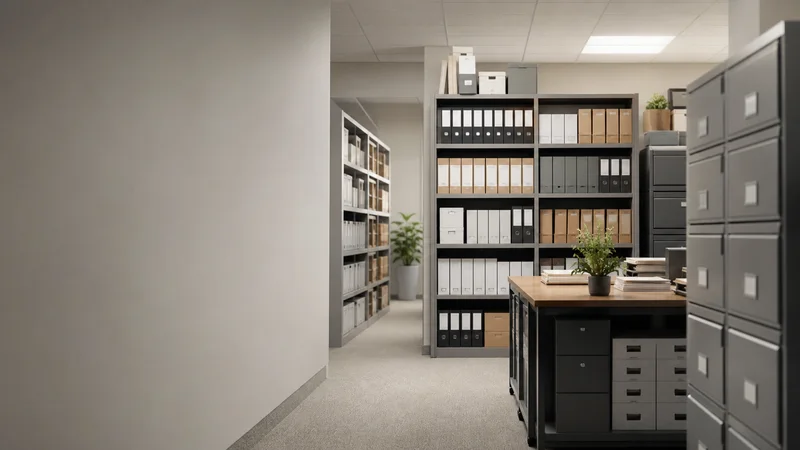 Wide interior view of a filing room of labelled financial records with no people, soft even indoor light, clean uncluttered foreground for text
