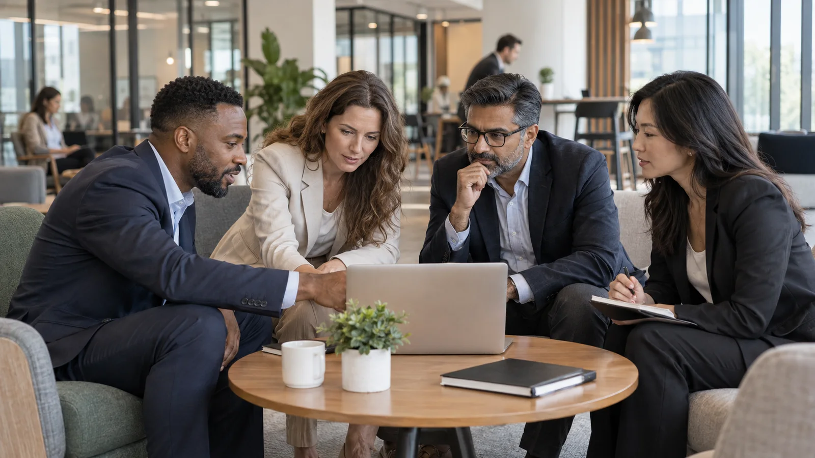 A few business professional in a tailored suits working together, modern coworking space with breakout seating in the background, soft even indoor light