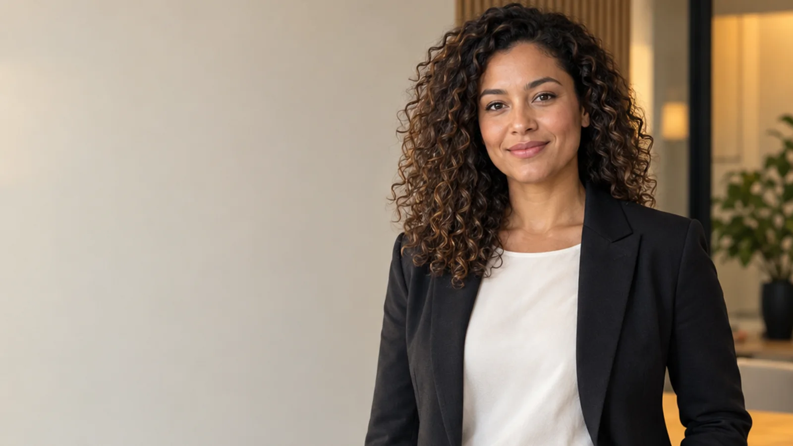 Mid-length portrait of a business professional in a tailored suit, professional portraits, warm interior light, plain working backdrop with copy space