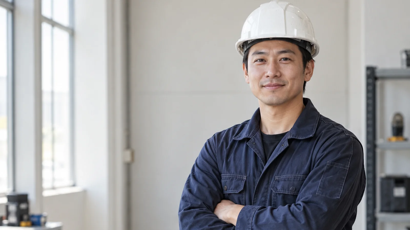 Mid-length portrait of a skilled tradesperson in work coveralls and a hard hat, professional portraits, bright daylight through the windows, plain working backdrop with copy space