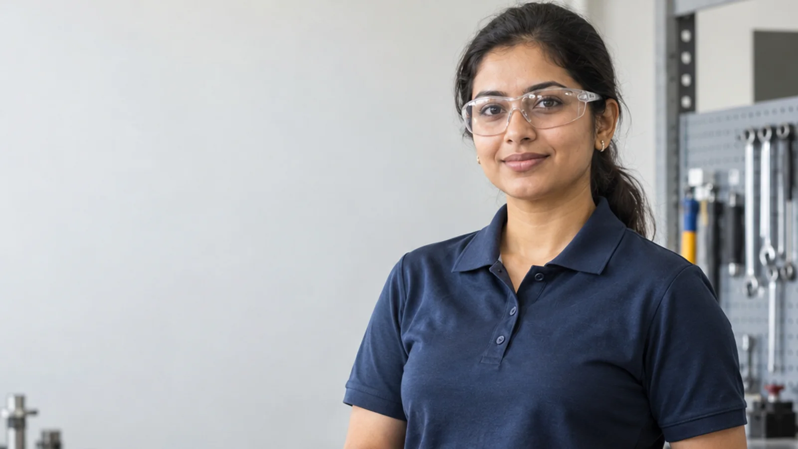 Mid-length portrait of a mechanical engineer in a branded polo shirt and safety glasses, professional portraits, soft even indoor light, plain working backdrop with copy space