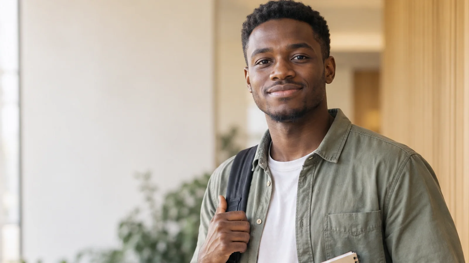 Mid-length portrait of a university student with a backpack and notebook, professional portraits, warm interior light, plain working backdrop with copy space