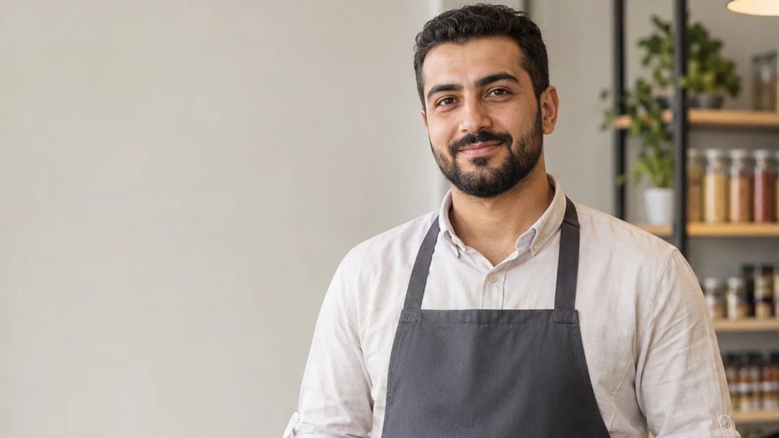 Mid-length portrait of a retail associate in a branded apron, professional portraits, soft even indoor light, plain working backdrop with copy space