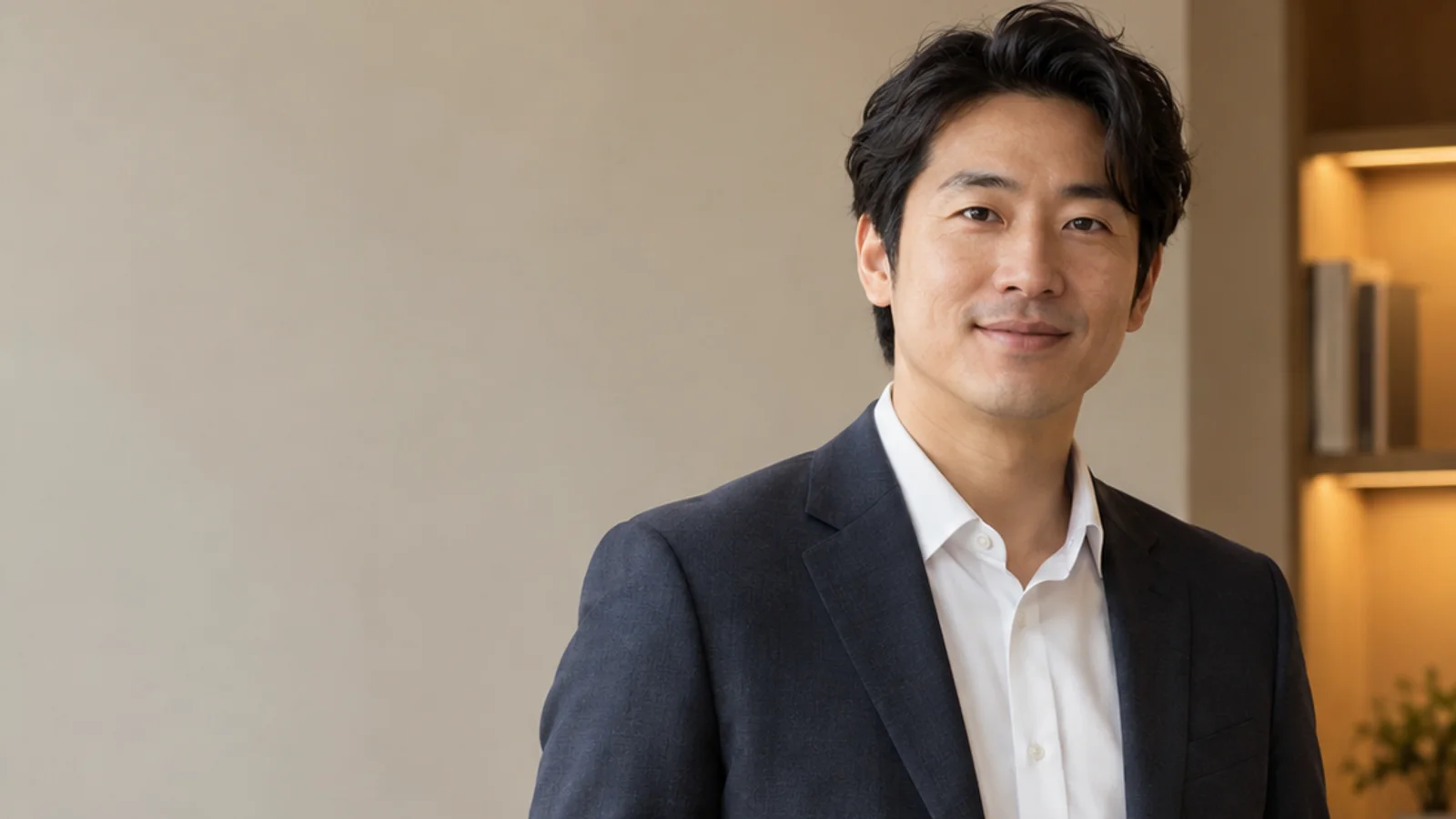 Mid-length portrait of an East Asian business professional in a tailored suit, professional portraits, warm interior light, plain working backdrop with copy space