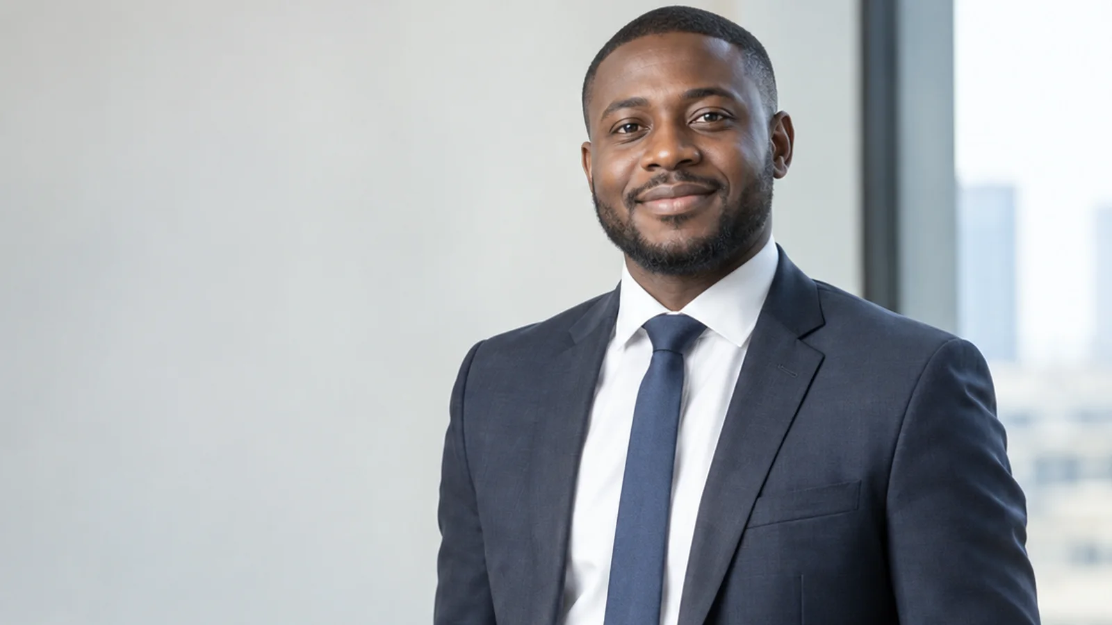 Mid-length portrait of a Black African business professional in a tailored suit, professional portraits, bright daylight through the windows, plain working backdrop with copy space