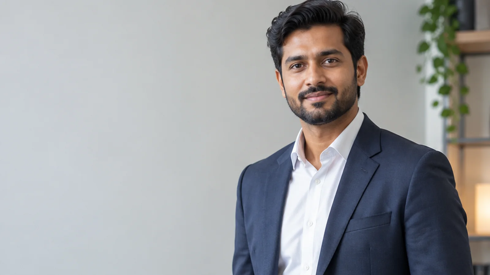 Mid-length portrait of a South Asian business professional in a tailored suit, professional portraits, soft even indoor light, plain working backdrop with copy space