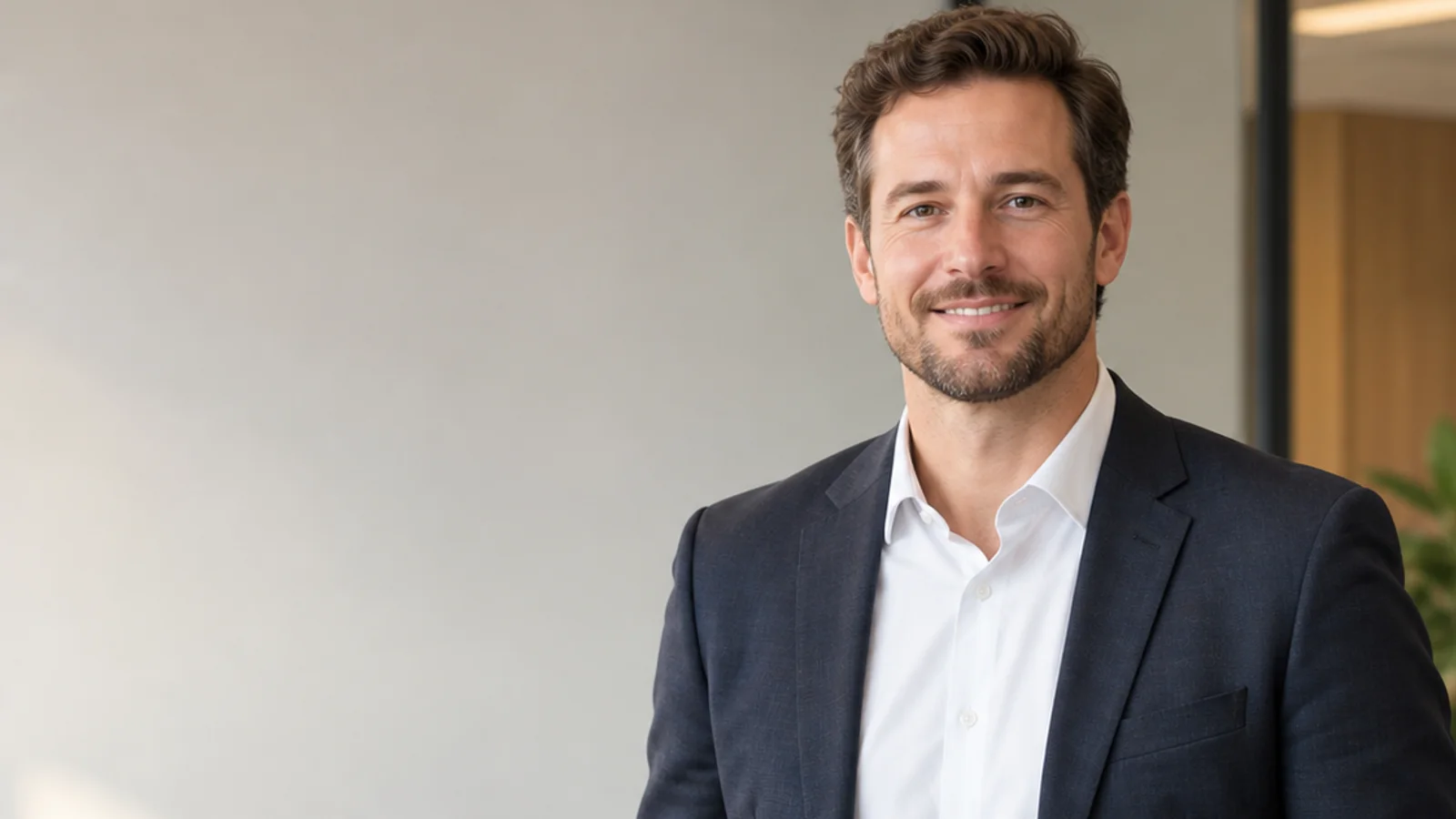 Mid-length portrait of a Caucasian business professional in a tailored suit, professional portraits, warm interior light, plain working backdrop with copy space