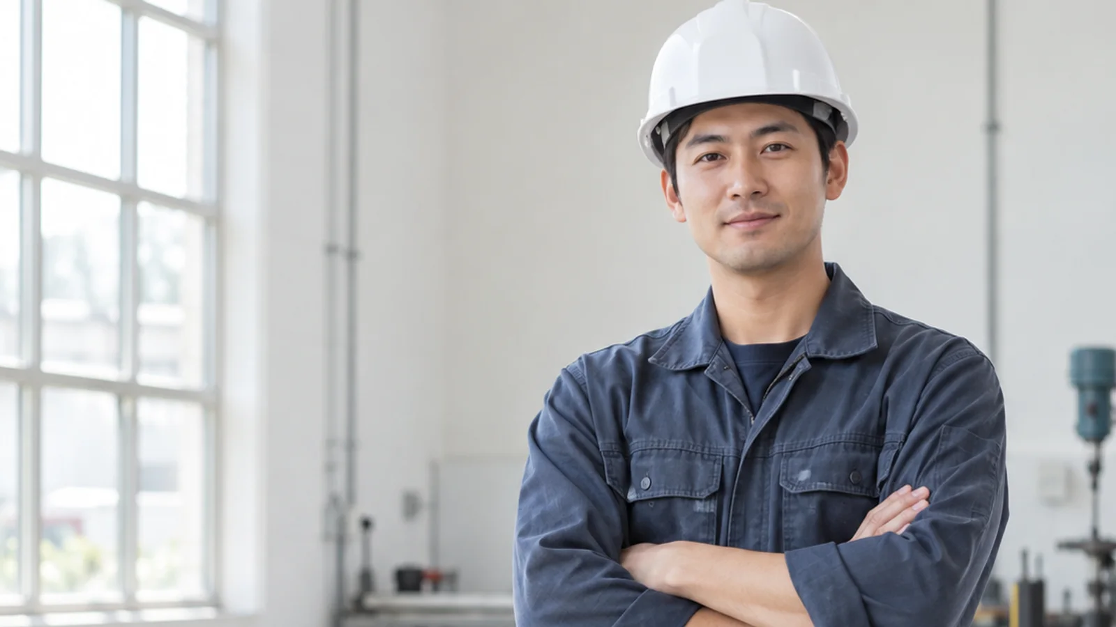 Mid-length portrait of an East Asian skilled tradesperson in work coveralls and a hard hat, professional portraits, bright daylight through the windows, plain working backdrop with copy space