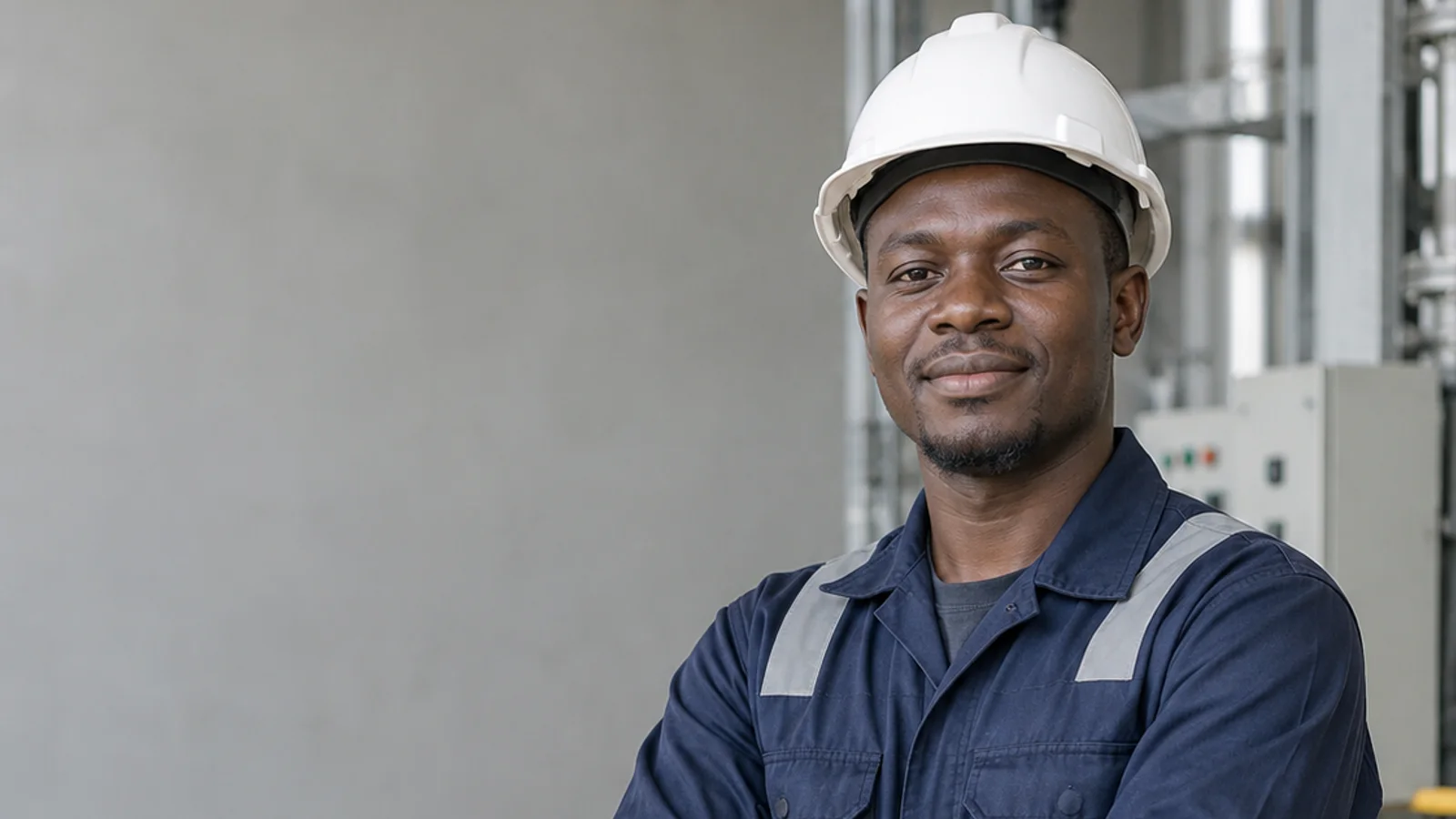 Mid-length portrait of a Black African skilled tradesperson in work coveralls and a hard hat, professional portraits, soft even indoor light, plain working backdrop with copy space