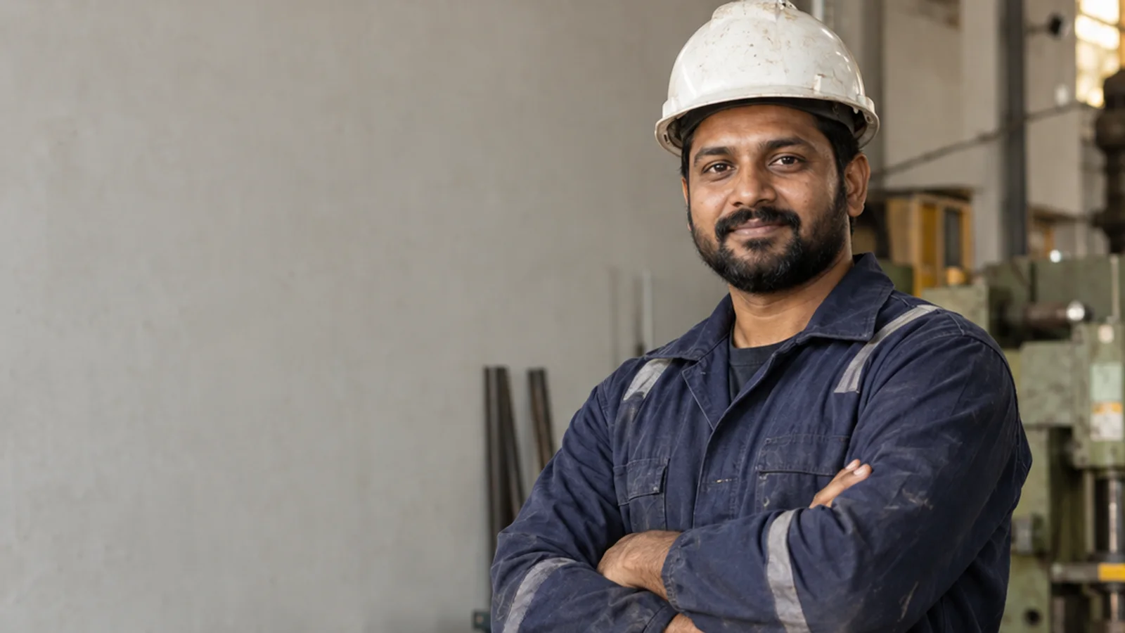 Mid-length portrait of a South Asian skilled tradesperson in work coveralls and a hard hat, professional portraits, warm interior light, plain working backdrop with copy space