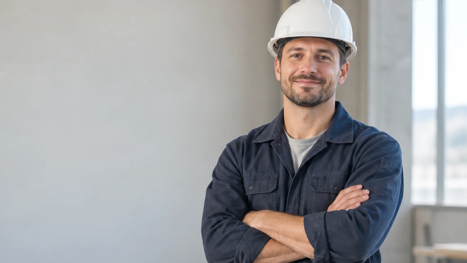 Mid-length portrait of a Caucasian skilled tradesperson in work coveralls and a hard hat, professional portraits, bright daylight through the windows, plain working backdrop with copy space
