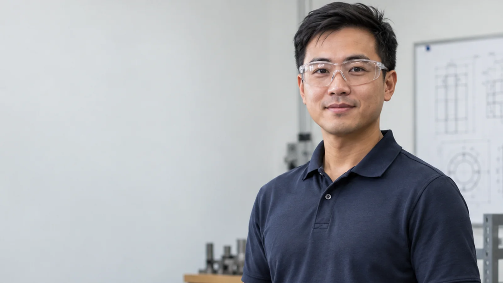 Mid-length portrait of an East Asian mechanical engineer in a branded polo shirt and safety glasses, professional portraits, soft even indoor light, plain working backdrop with copy space