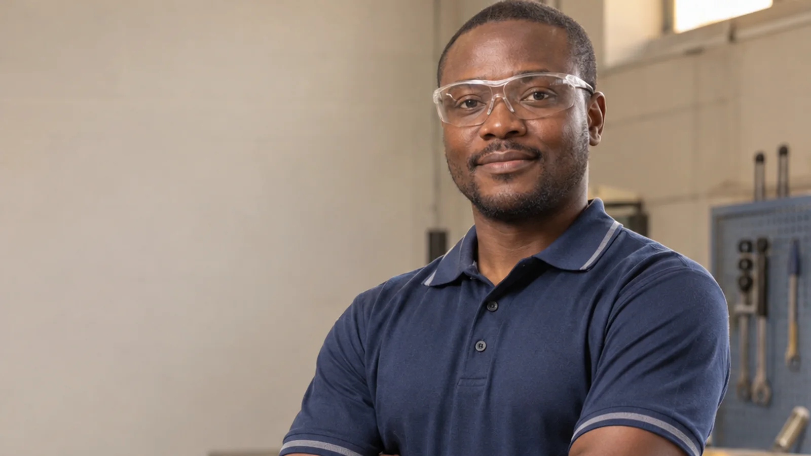 Mid-length portrait of a Black African mechanical engineer in a branded polo shirt and safety glasses, professional portraits, warm interior light, plain working backdrop with copy space