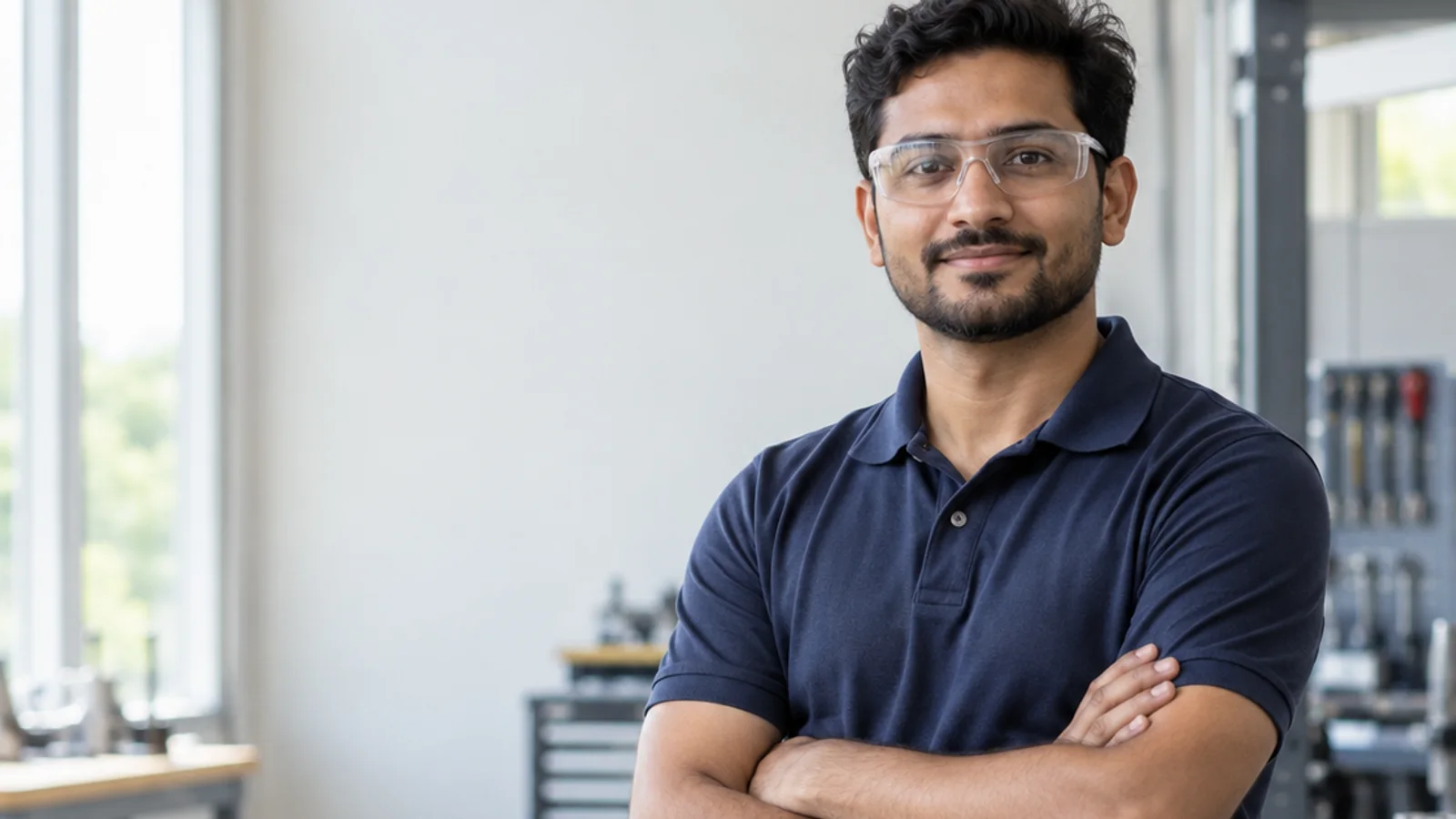 Mid-length portrait of a South Asian mechanical engineer in a branded polo shirt and safety glasses, professional portraits, bright daylight through the windows, plain working backdrop with copy space