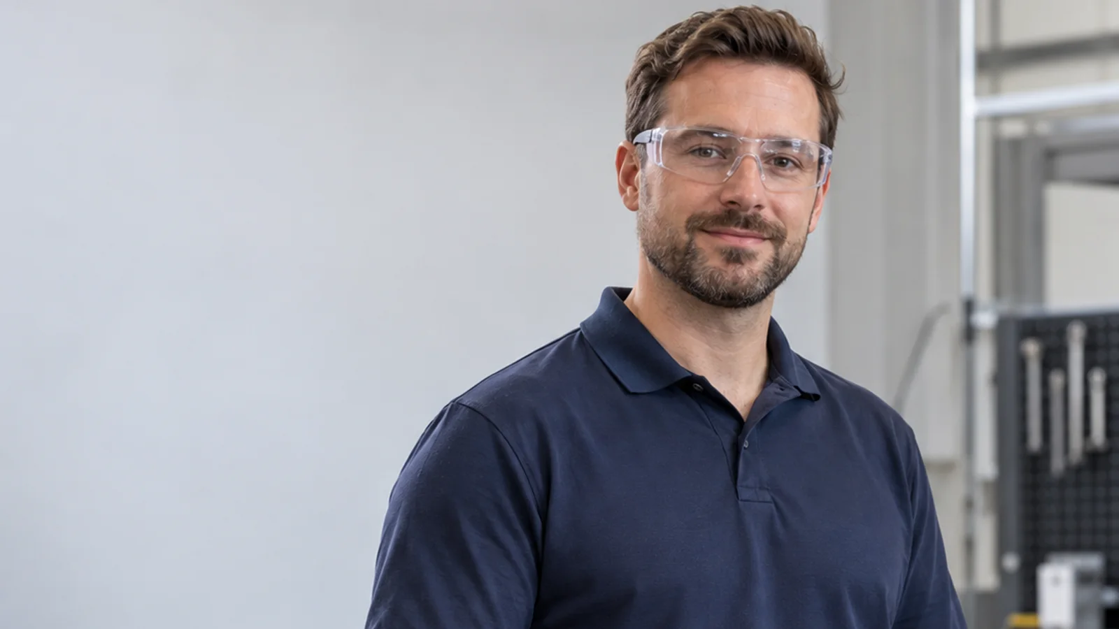Mid-length portrait of a Caucasian mechanical engineer in a branded polo shirt and safety glasses, professional portraits, soft even indoor light, plain working backdrop with copy space