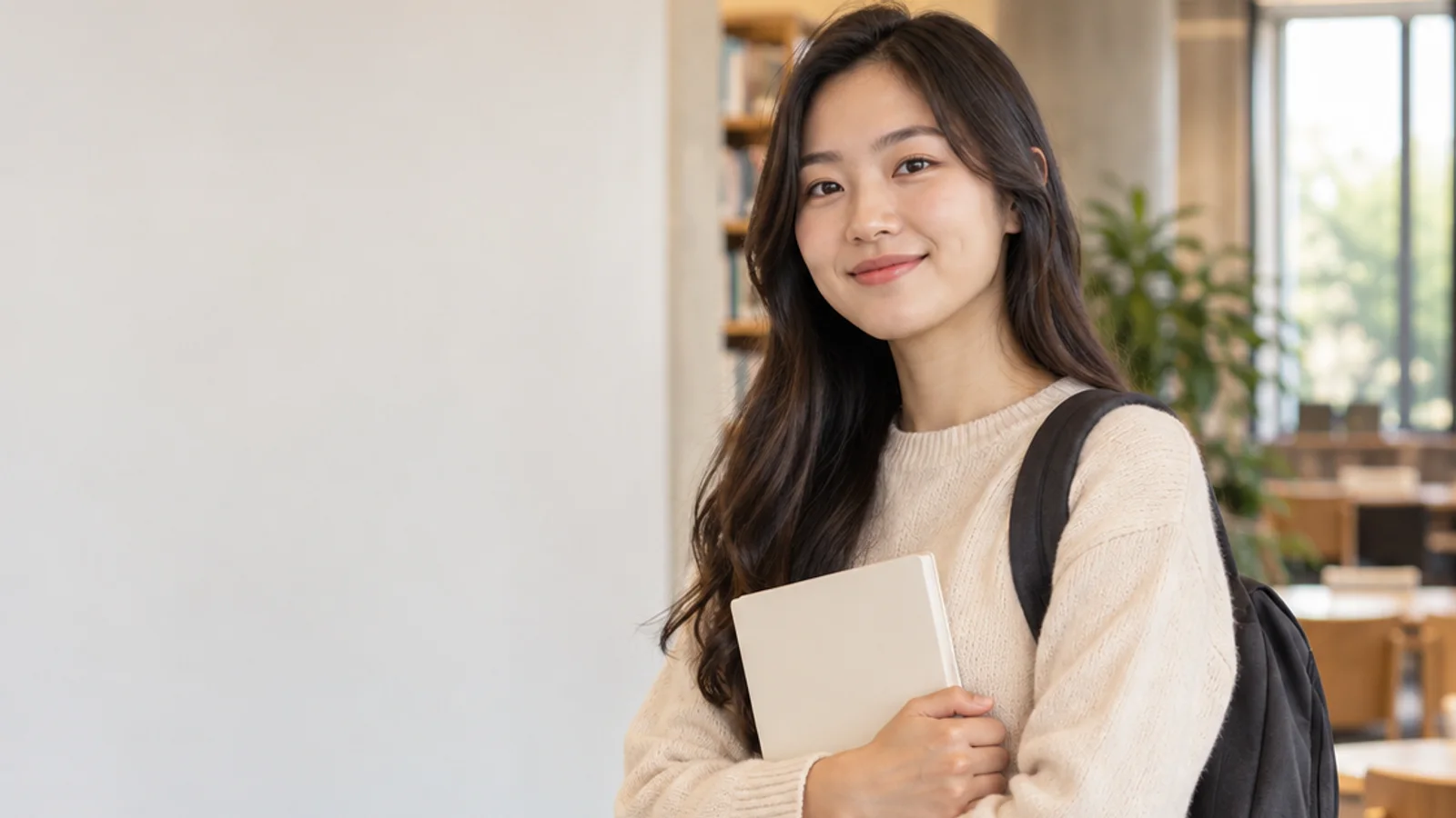 Mid-length portrait of an East Asian university student with a backpack and notebook, professional portraits, warm interior light, plain working backdrop with copy space