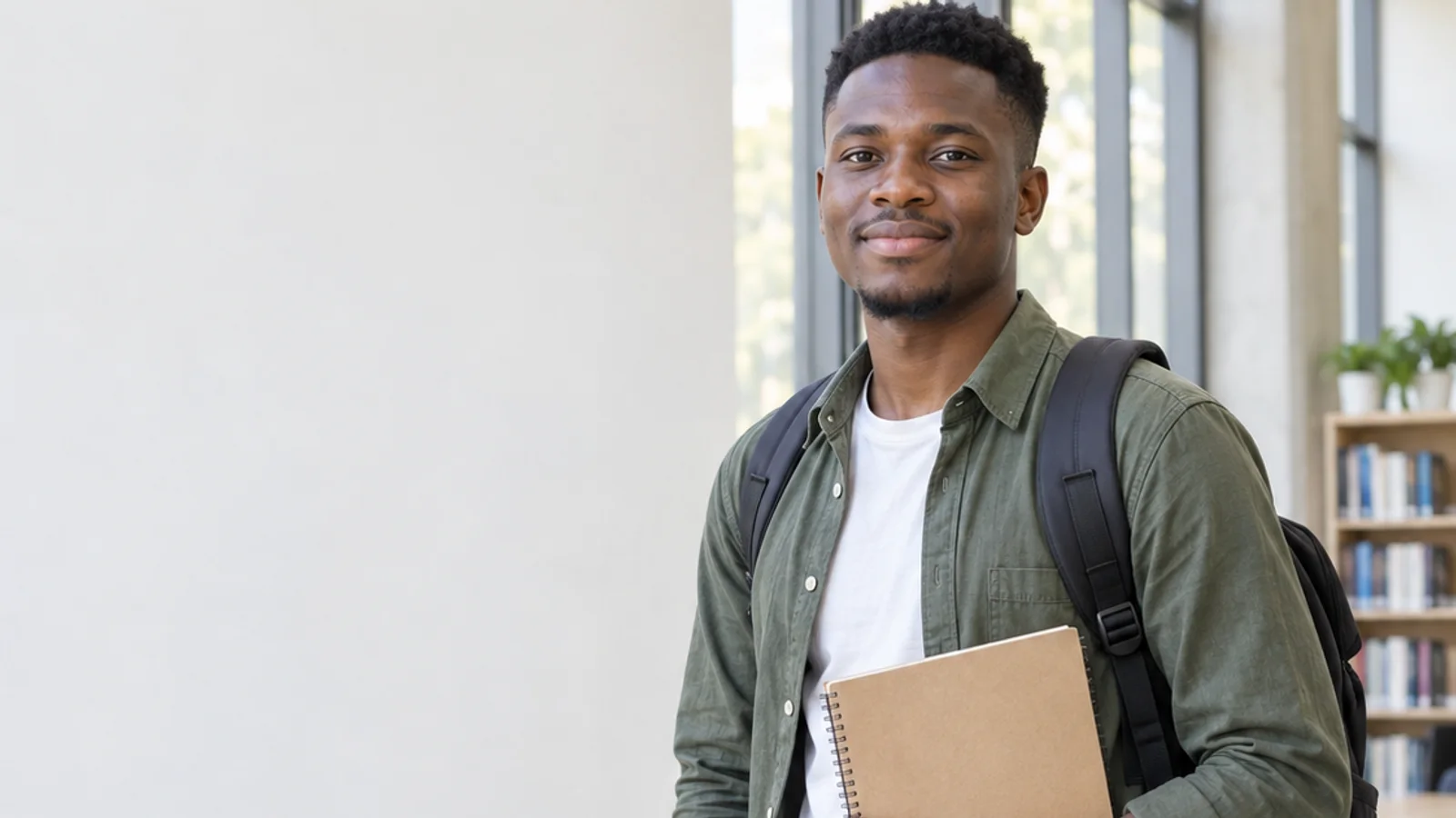 Mid-length portrait of a Black African university student with a backpack and notebook, professional portraits, bright daylight through the windows, plain working backdrop with copy space
