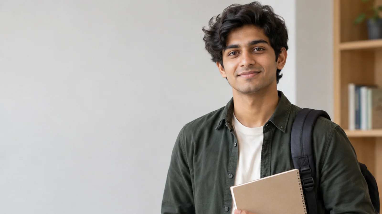 Mid-length portrait of a South Asian university student with a backpack and notebook, professional portraits, soft even indoor light, plain working backdrop with copy space