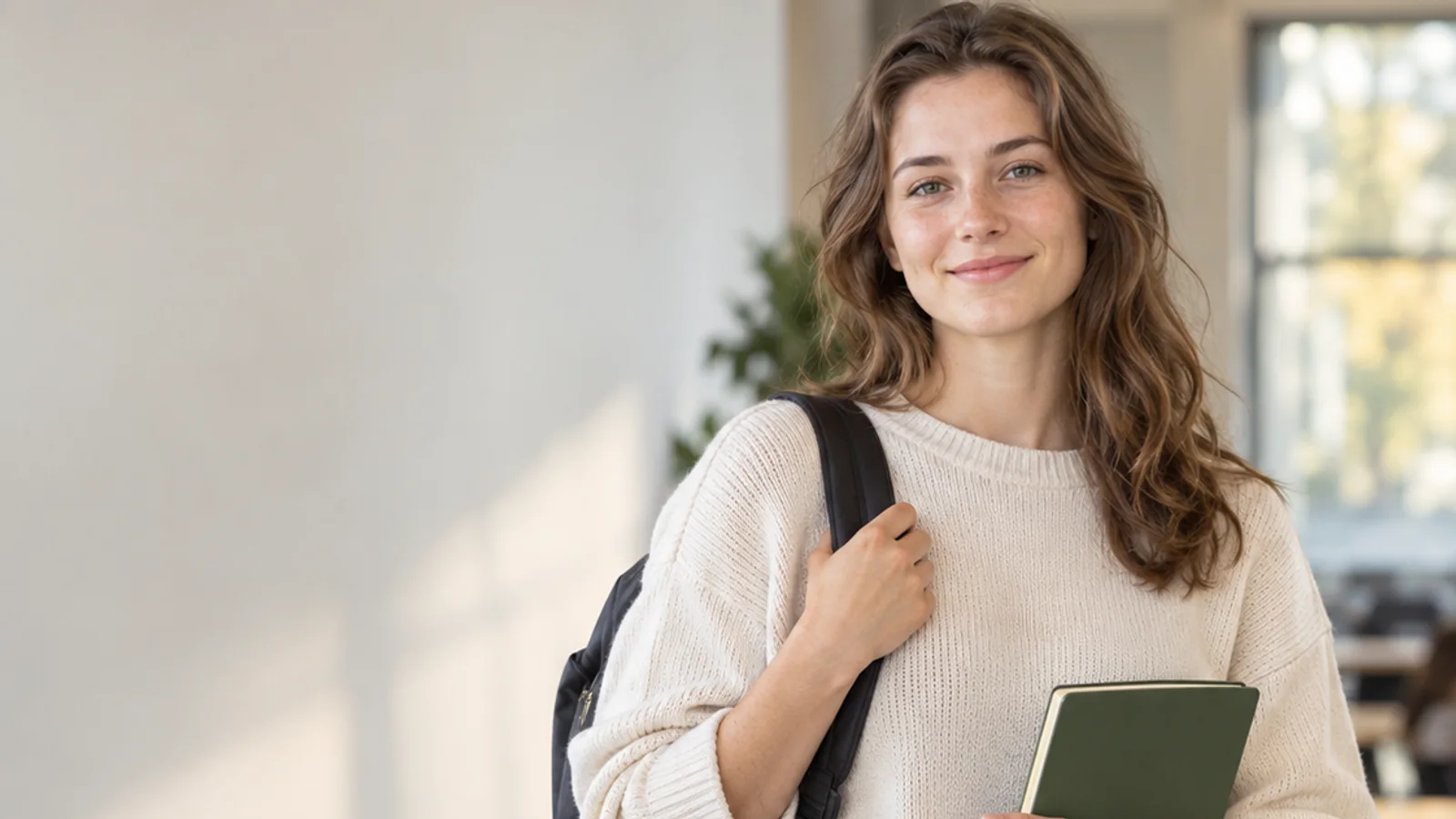 Mid-length portrait of a Caucasian university student with a backpack and notebook, professional portraits, warm interior light, plain working backdrop with copy space