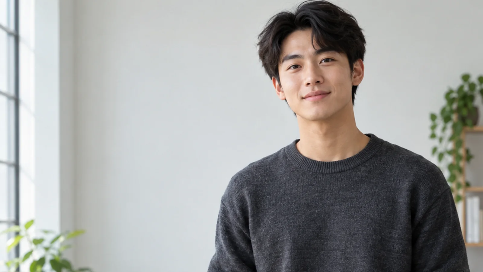 Mid-length portrait of an East Asian teenager in casual everyday clothing, professional portraits, bright daylight through the windows, plain working backdrop with copy space