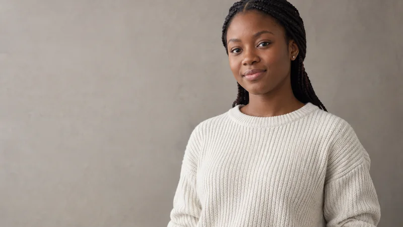 Mid-length portrait of a Black African teenager in casual everyday clothing, professional portraits, soft even indoor light, plain working backdrop with copy space
