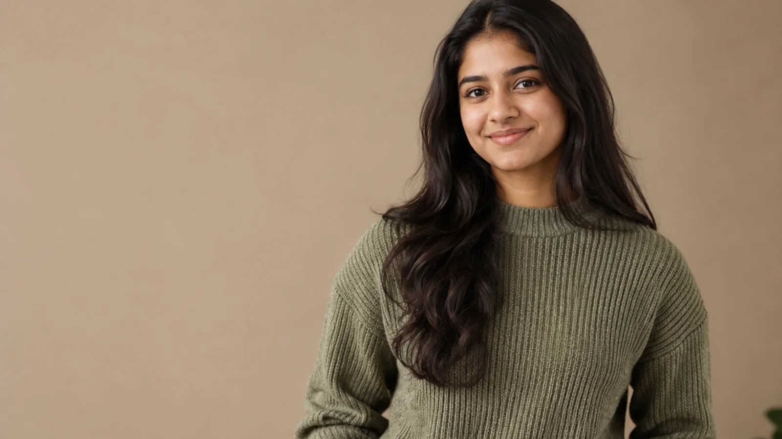 Mid-length portrait of a South Asian teenager in casual everyday clothing, professional portraits, warm interior light, plain working backdrop with copy space