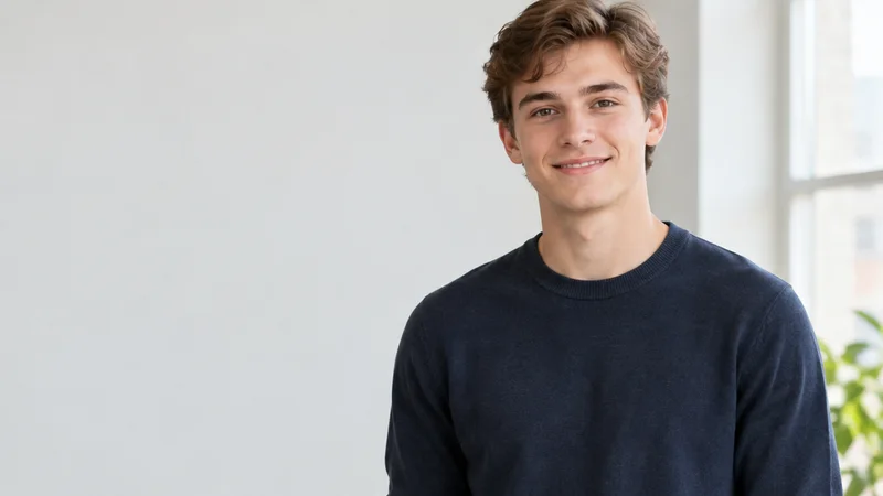 Mid-length portrait of a Caucasian teenager in casual everyday clothing, professional portraits, bright daylight through the windows, plain working backdrop with copy space