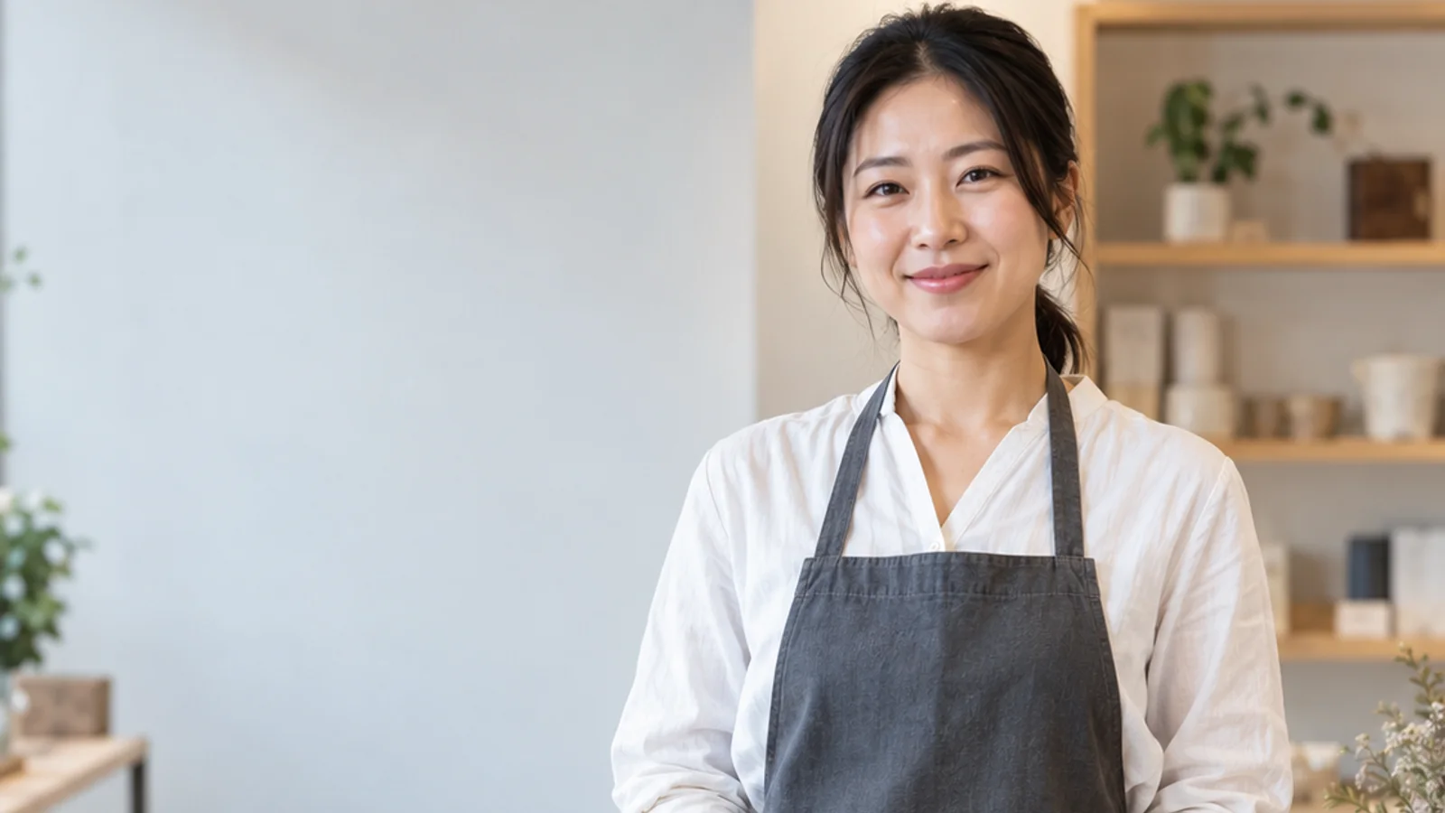Mid-length portrait of an East Asian retail associate in a branded apron, professional portraits, soft even indoor light, plain working backdrop with copy space