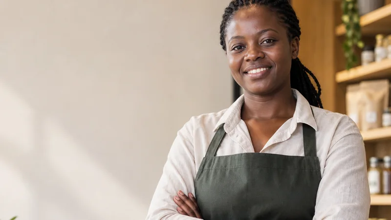 Mid-length portrait of a Black African retail associate in a branded apron, professional portraits, warm interior light, plain working backdrop with copy space