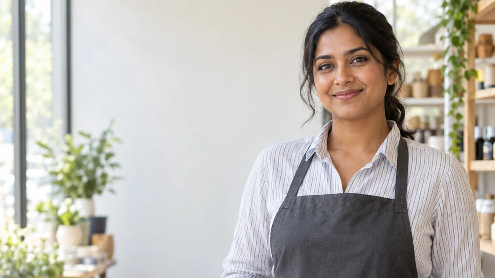 Mid-length portrait of a South Asian retail associate in a branded apron, professional portraits, bright daylight through the windows, plain working backdrop with copy space