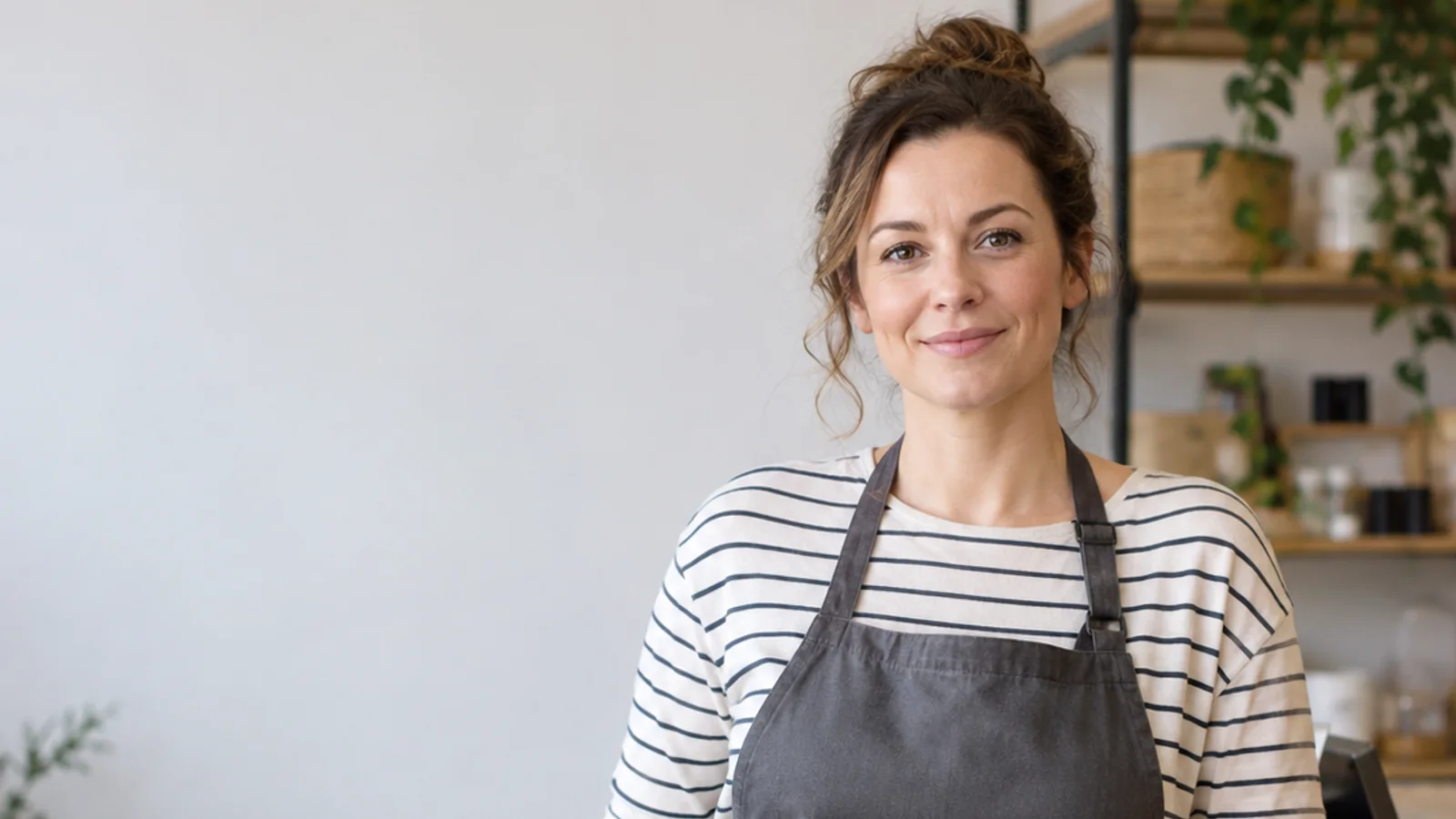 Mid-length portrait of a Caucasian retail associate in a branded apron, professional portraits, soft even indoor light, plain working backdrop with copy space