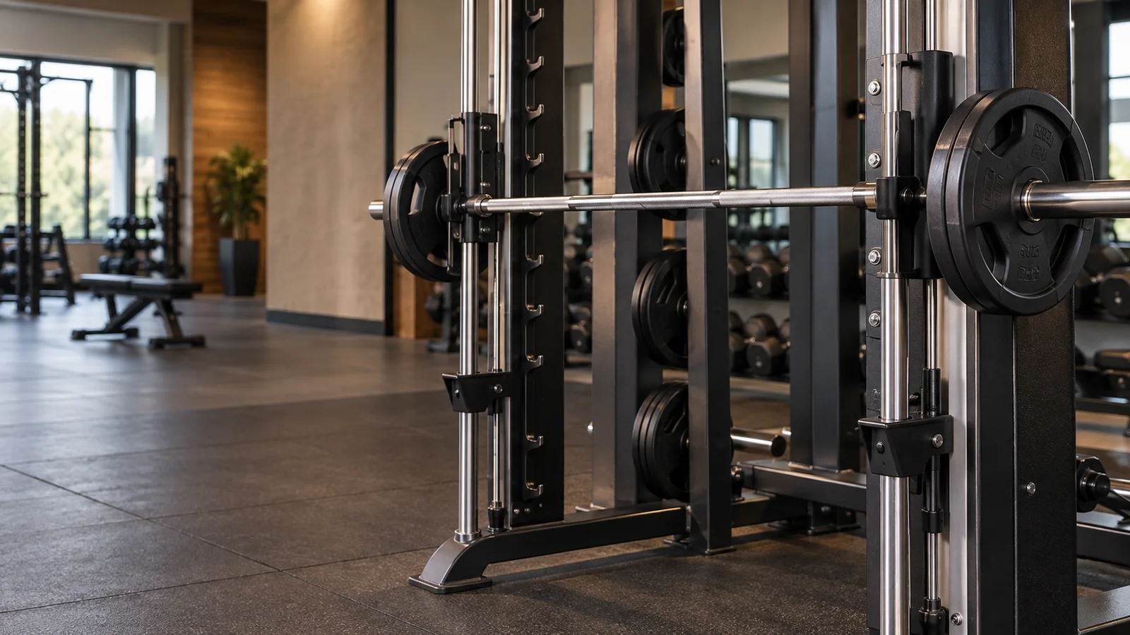 Close, clean detail of the Smith machine squat rack, warm interior light, no people in frame
