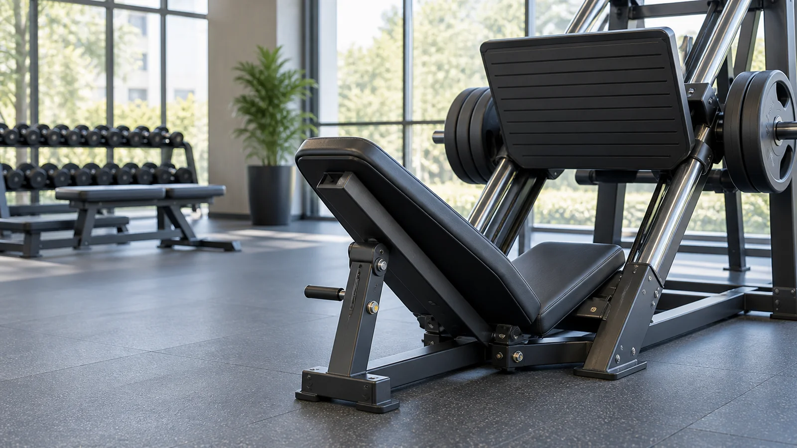Close, clean detail of the Leg Press machine, bright daylight through the windows, no people in frame
