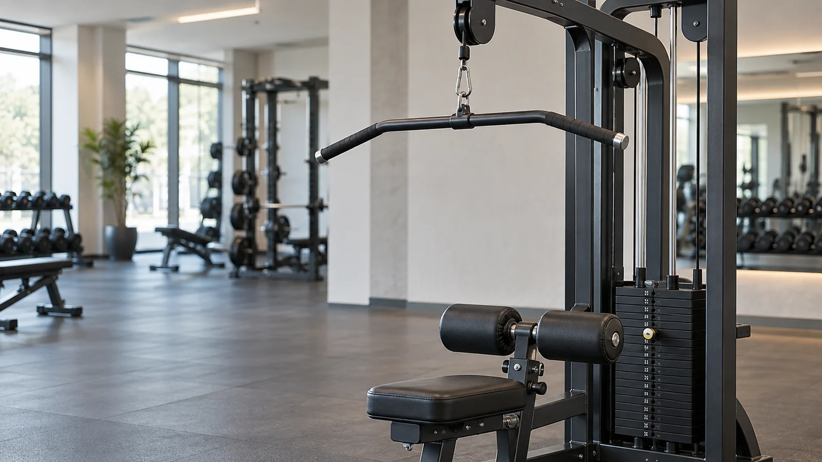 Close, clean detail of the Lat Pulldown machine, soft even indoor light, no people in frame