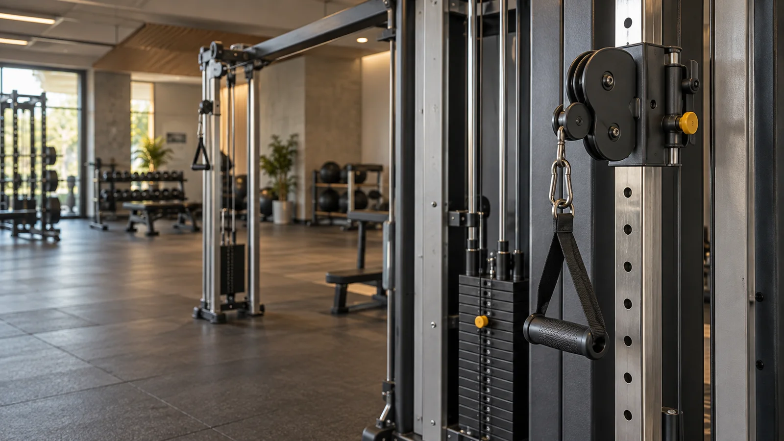Close, clean detail of the Cable Crossover machine station, warm interior light, no people in frame
