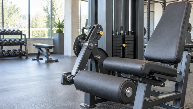 Close, clean detail of the Leg Extension machine, bright daylight through the windows, no people in frame
