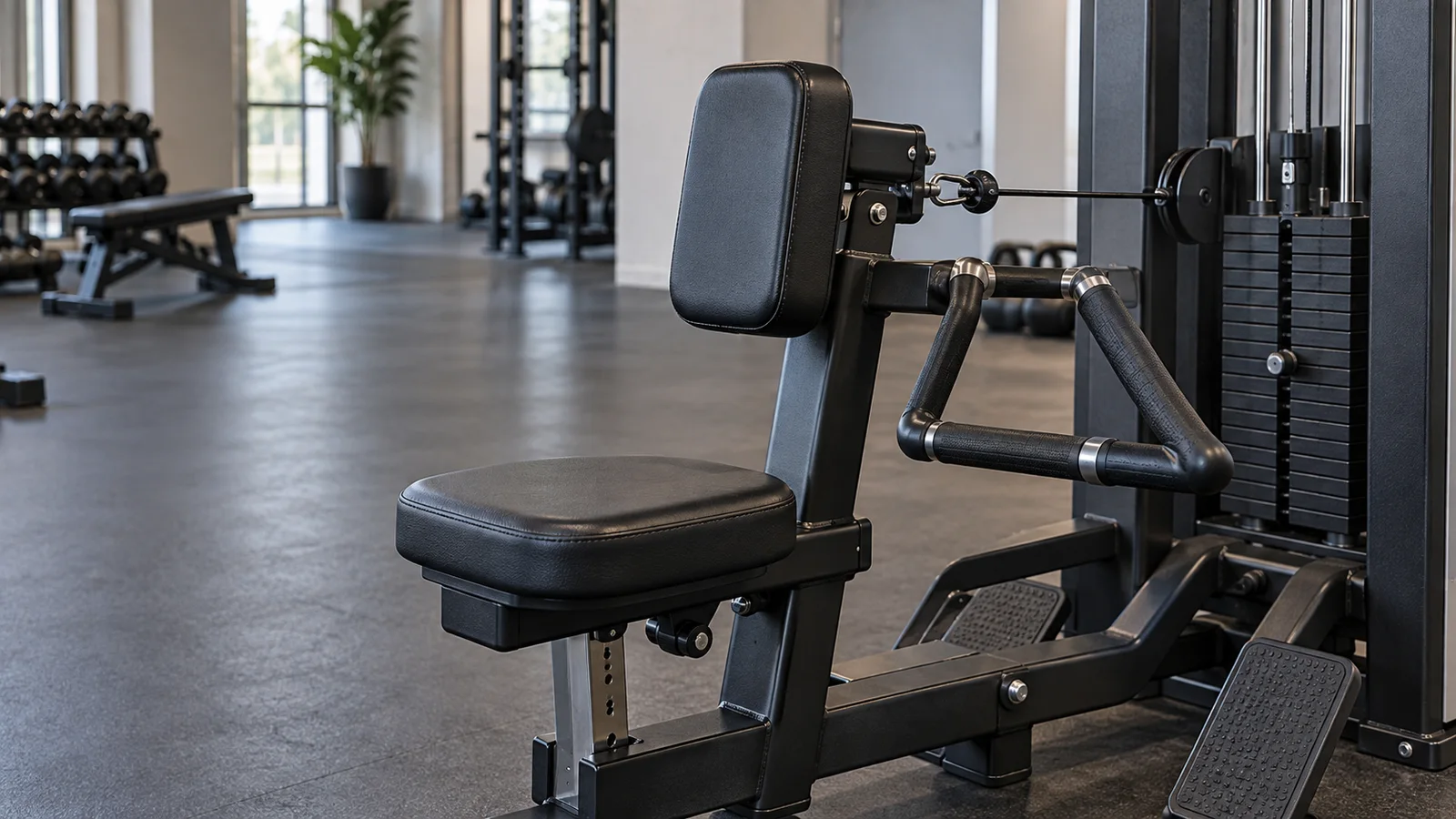 Close, clean detail of the Seated Row machine, soft even indoor light, no people in frame