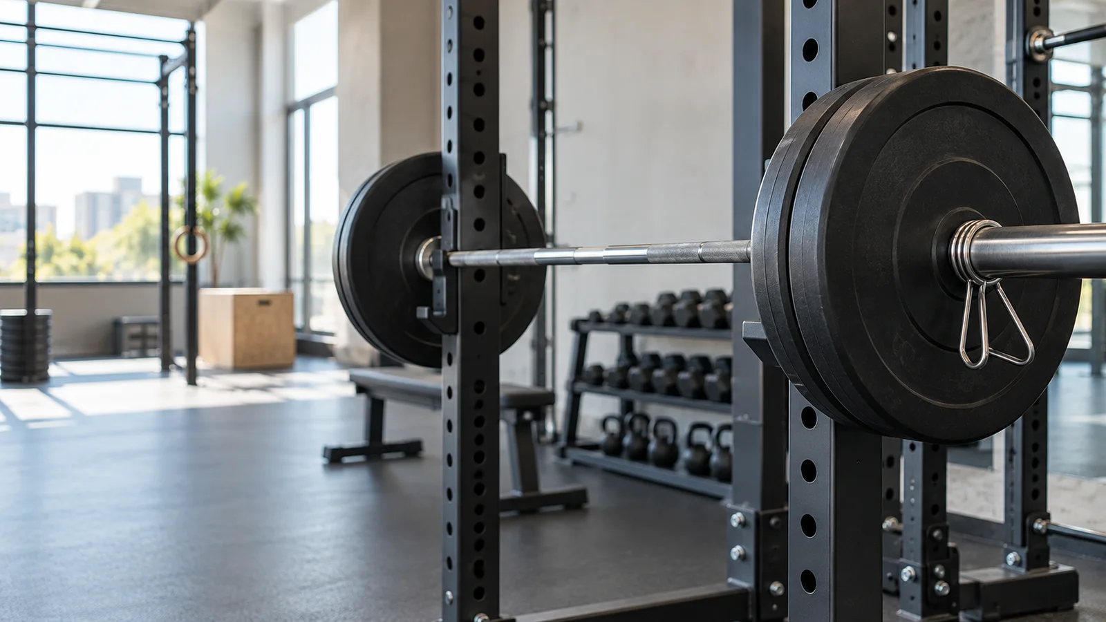Close, clean detail of the loaded barbell on a squat rack, bright daylight through the windows, no people in frame