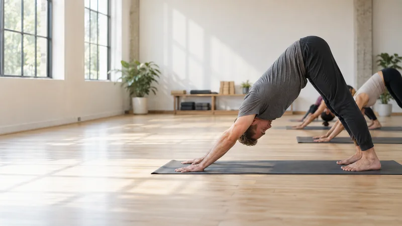 A yoga instructor holding a Downward-Facing Dog (Adho Mukha Svanasana) at the front of class, bright daylight through the windows
