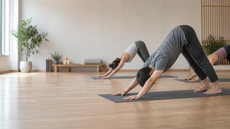 A yoga instructor holding a Downward-Facing Dog (Adho Mukha Svanasana) at the front of class, soft even indoor light